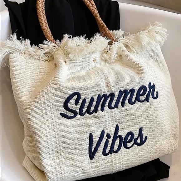 Handbags - Tote bag shoulder beach summer fringe white cream summer vibes print words